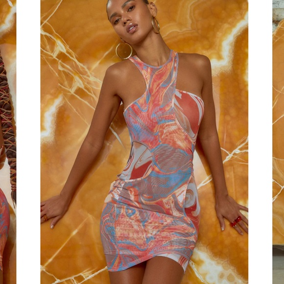 JADED LONDON Mixed Marble Print Racer Neck Cut Out Double Layer Mesh Dress - Picture 2 of 5